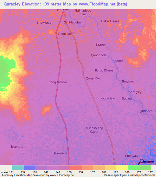 Quracley,Somalia Elevation Map