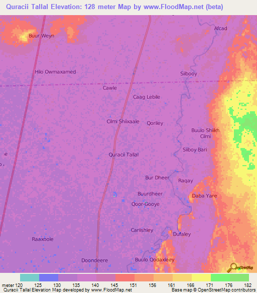 Quracii Tallal,Somalia Elevation Map