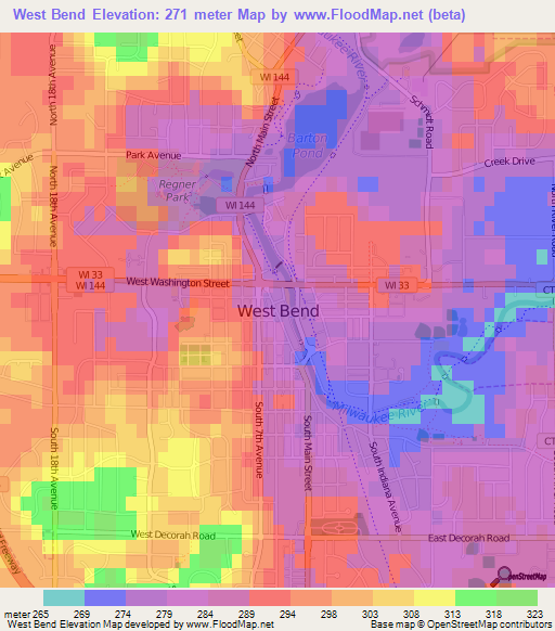 Elevation of West Bend,US Elevation Map, Topography, Contour