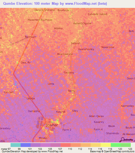 Qumbe,Somalia Elevation Map