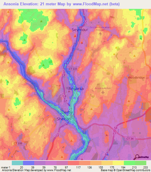 Elevation of Ansonia,US Elevation Map, Topography, Contour