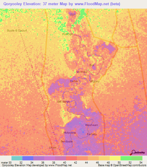 Qoryooley,Somalia Elevation Map