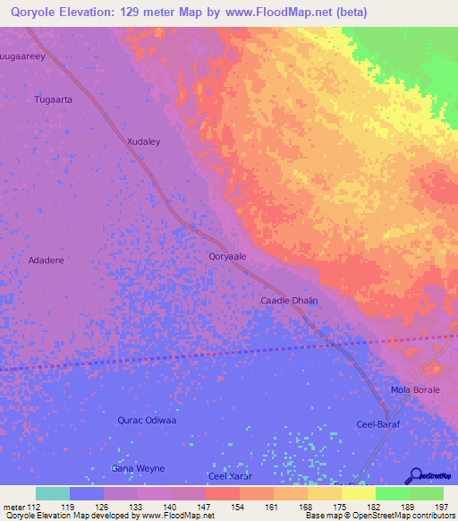 Qoryole,Somalia Elevation Map
