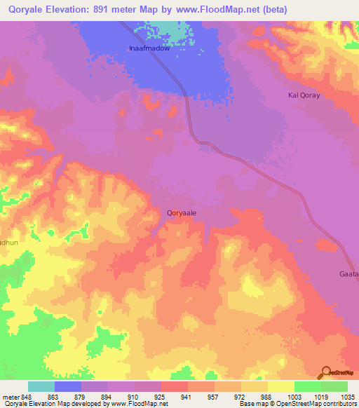 Qoryale,Somalia Elevation Map