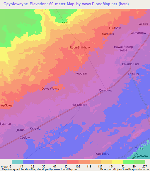 Qeyoloweyne,Somalia Elevation Map