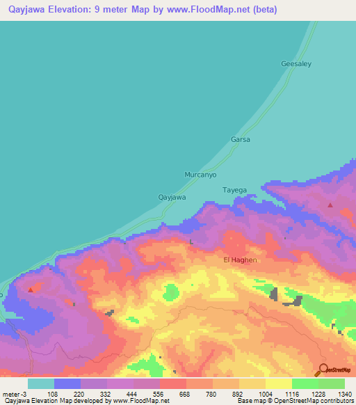 Qayjawa,Somalia Elevation Map