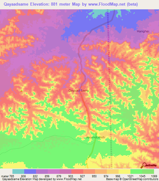 Qayaadsame,Somalia Elevation Map