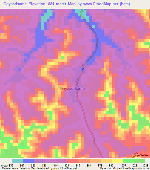 Qayaadsame,Somalia Elevation Map