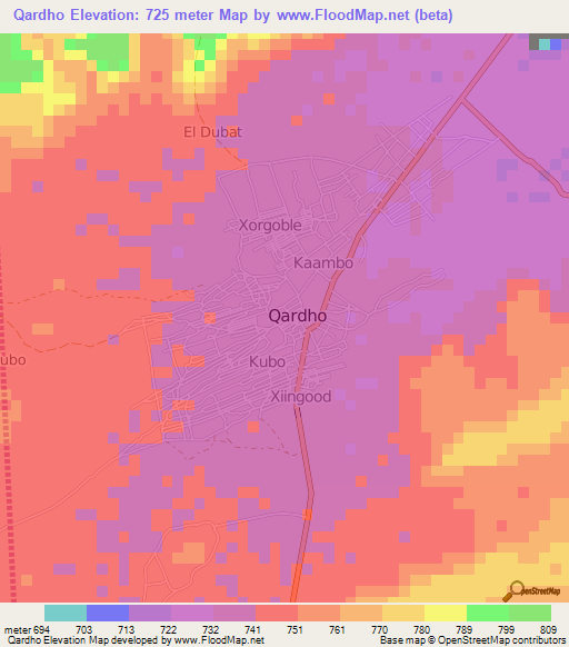 Qardho,Somalia Elevation Map