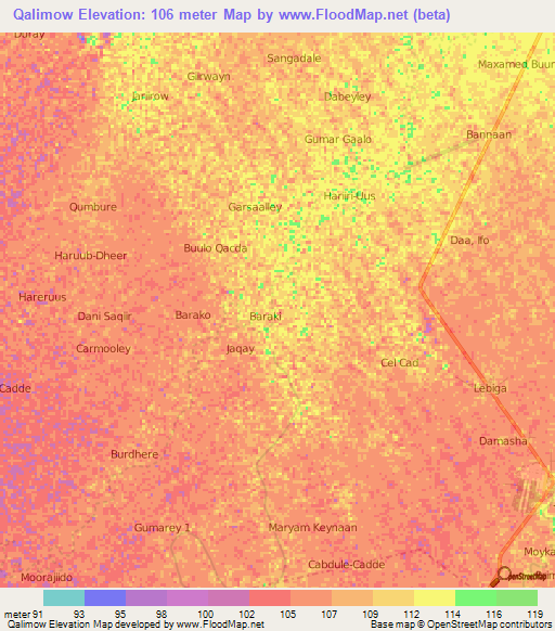 Qalimow,Somalia Elevation Map