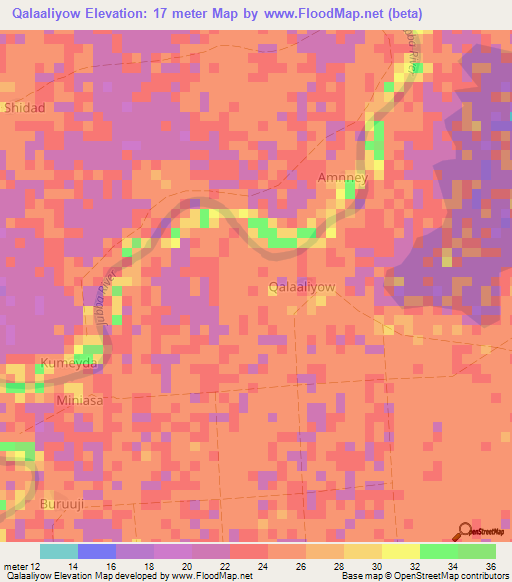 Qalaaliyow,Somalia Elevation Map