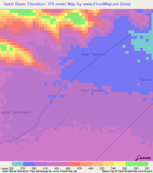 Qabri Baxar,Somalia Elevation Map