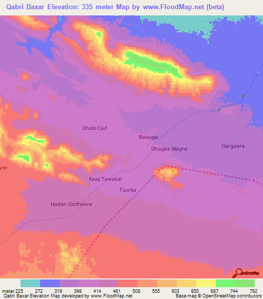 Qabri Baxar,Somalia Elevation Map
