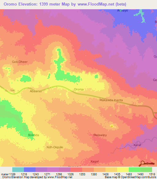 Oromo,Somalia Elevation Map