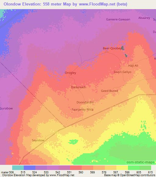 Olondow,Somalia Elevation Map