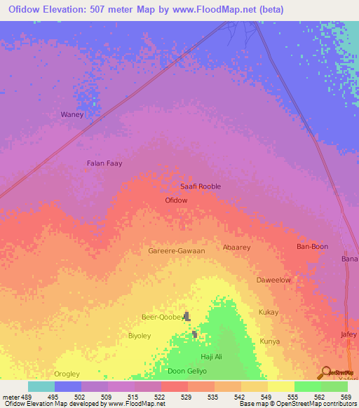 Ofidow,Somalia Elevation Map