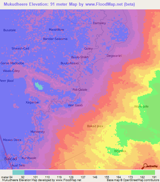 Mukudheere,Somalia Elevation Map