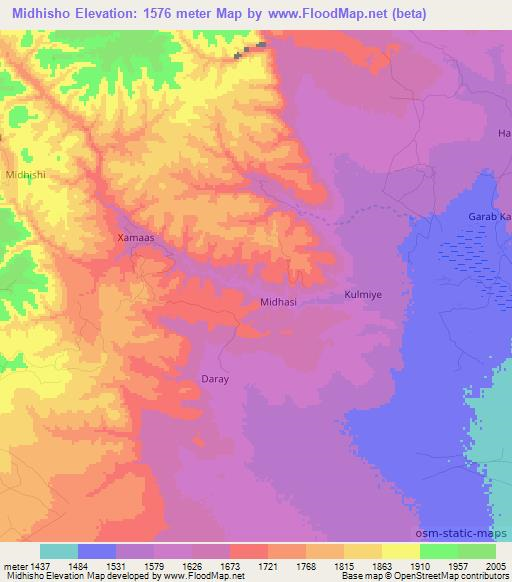 Midhisho,Somalia Elevation Map