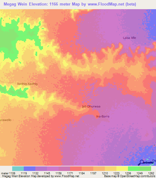 Megag Wein,Somalia Elevation Map
