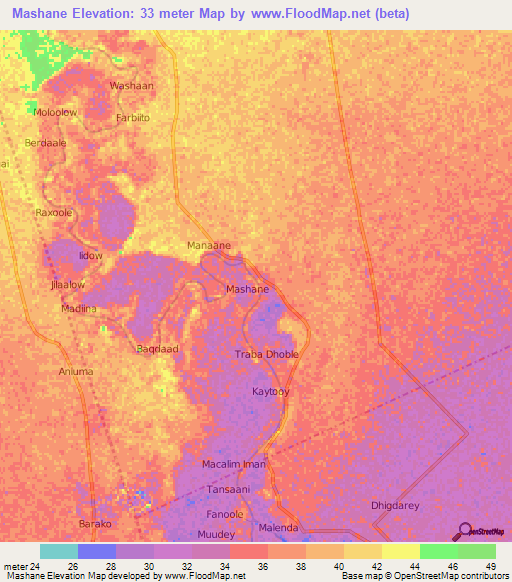 Mashane,Somalia Elevation Map