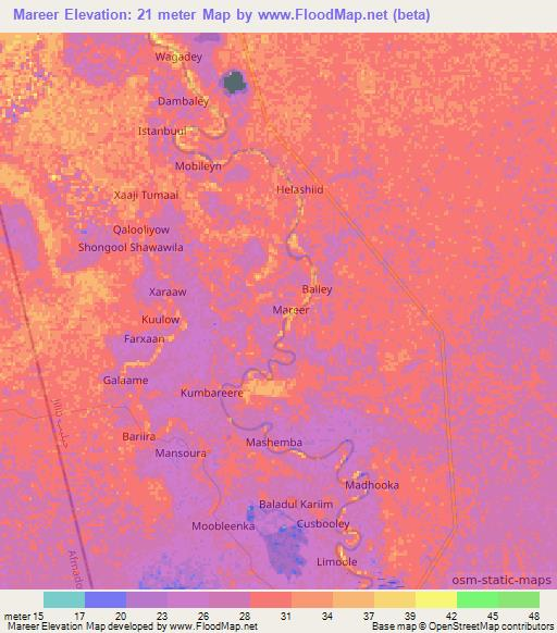 Mareer,Somalia Elevation Map