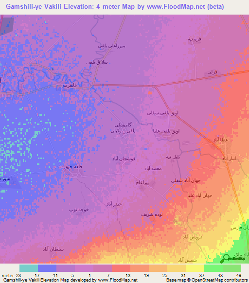 Gamshili-ye Vakili,Iran Elevation Map