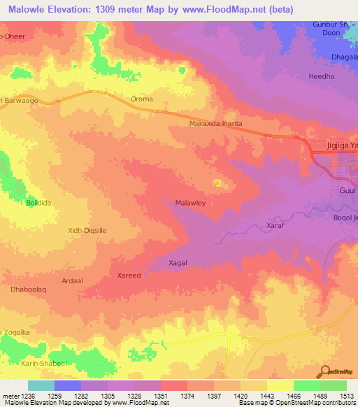 Malowle,Somalia Elevation Map