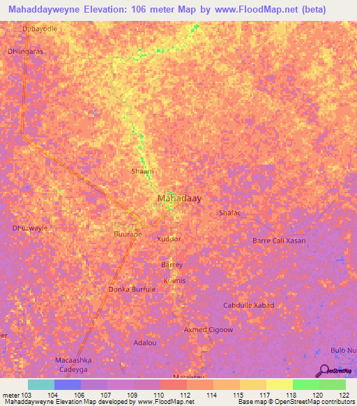 Mahaddayweyne,Somalia Elevation Map