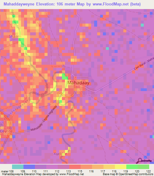 Mahaddayweyne,Somalia Elevation Map