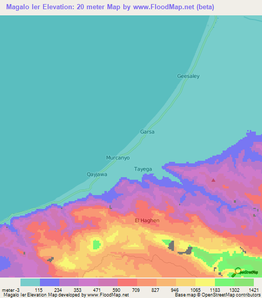 Magalo Ier,Somalia Elevation Map