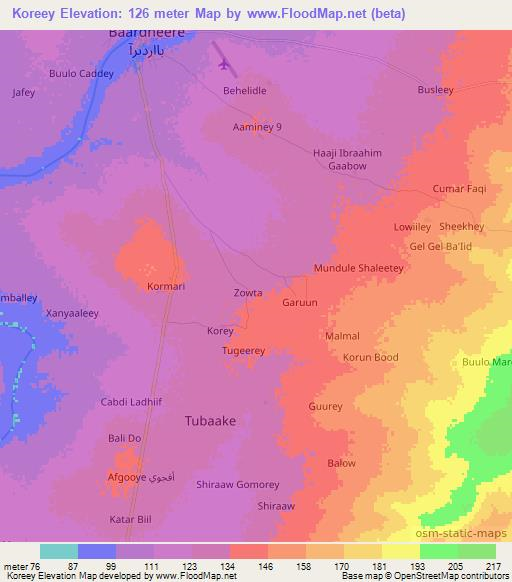 Koreey,Somalia Elevation Map