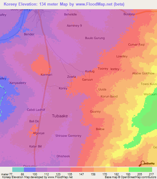 Koreey,Somalia Elevation Map