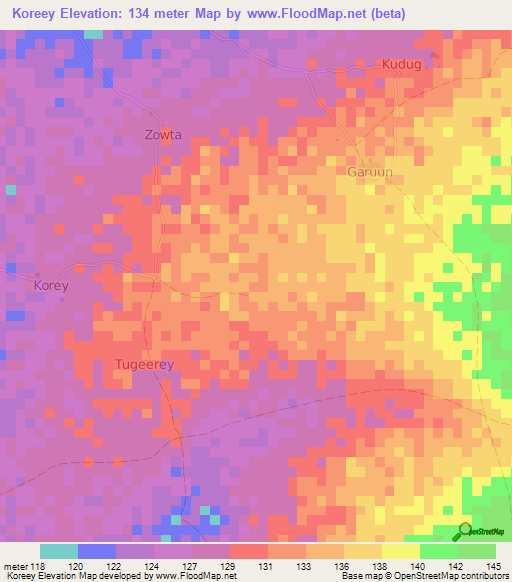 Koreey,Somalia Elevation Map