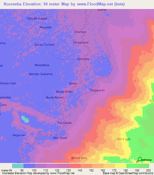 Kooreeba,Somalia Elevation Map