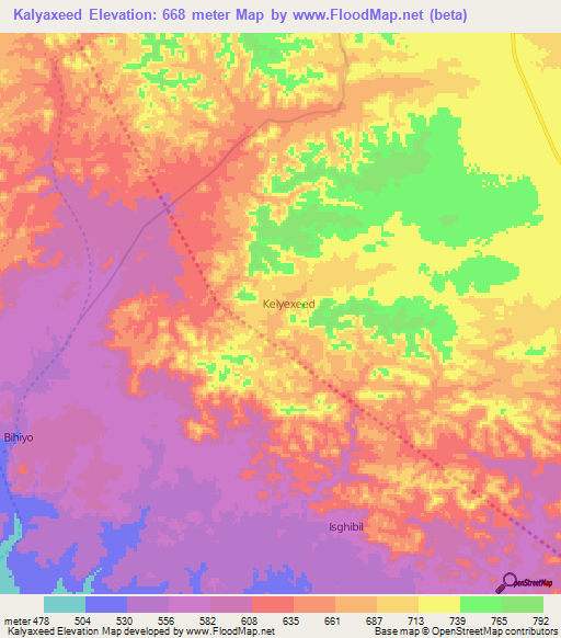 Kalyaxeed,Somalia Elevation Map