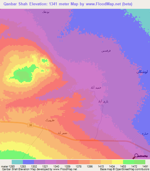 Qanbar Shah,Iran Elevation Map