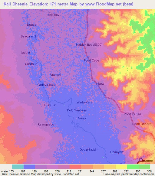 Kali Dheenle,Somalia Elevation Map