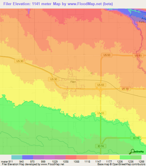 Filer,US Elevation Map