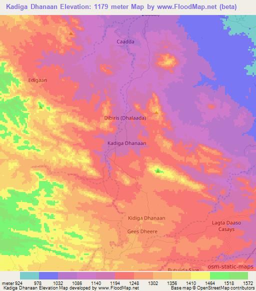 Kadiga Dhanaan,Somalia Elevation Map
