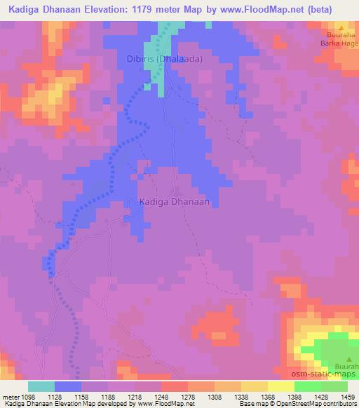 Kadiga Dhanaan,Somalia Elevation Map