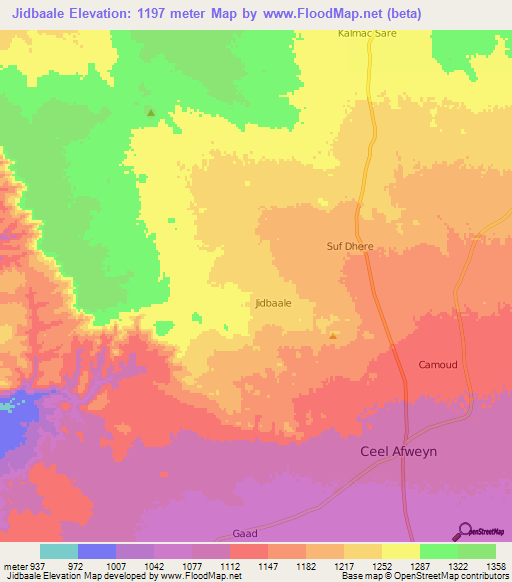 Jidbaale,Somalia Elevation Map