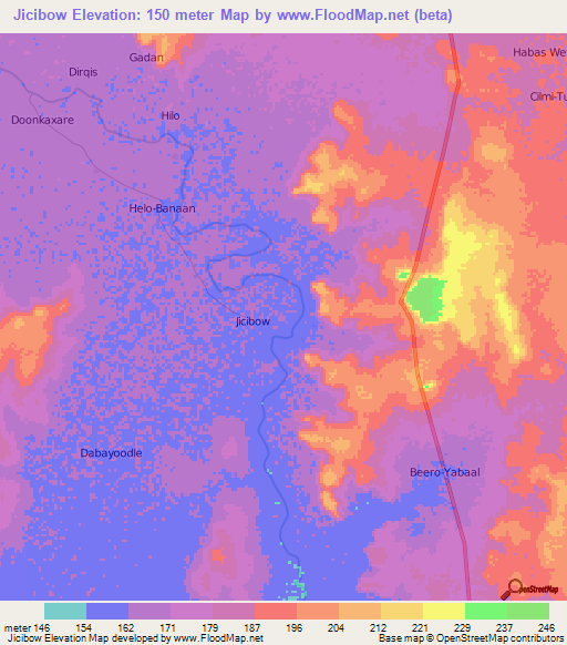 Jicibow,Somalia Elevation Map