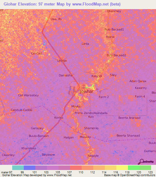 Giohar,Somalia Elevation Map