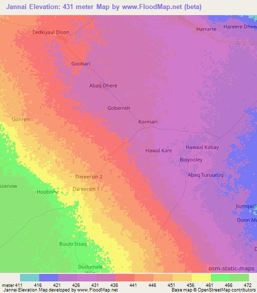 Jannai,Somalia Elevation Map