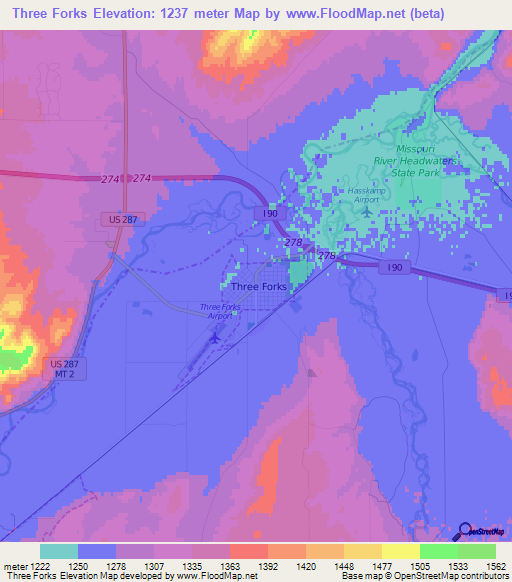 Elevation of Three Forks,US Elevation Map, Topography, Contour