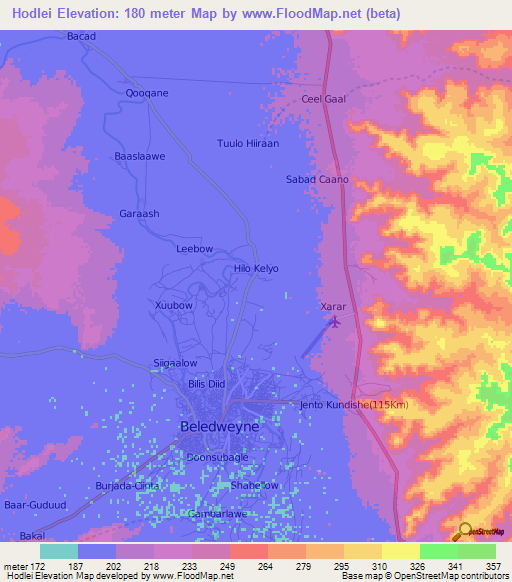 Hodlei,Somalia Elevation Map