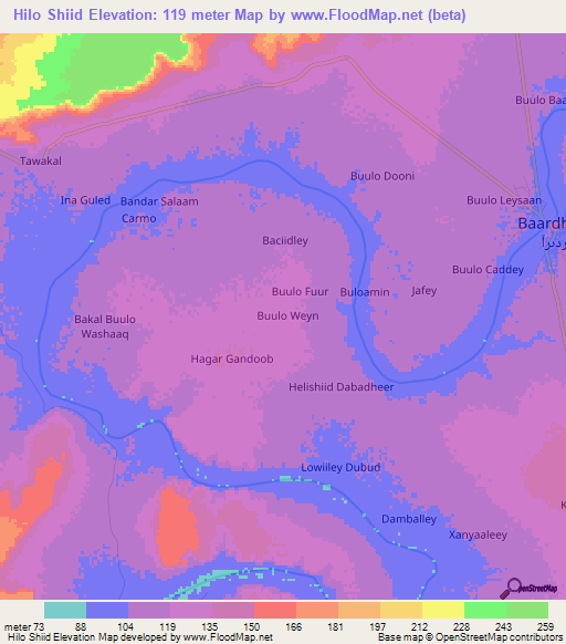 Hilo Shiid,Somalia Elevation Map