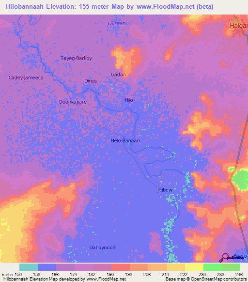 Hilobannaah,Somalia Elevation Map