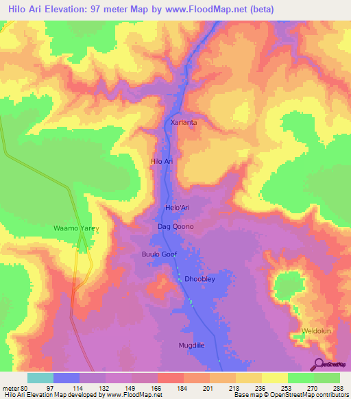 Hilo Ari,Somalia Elevation Map