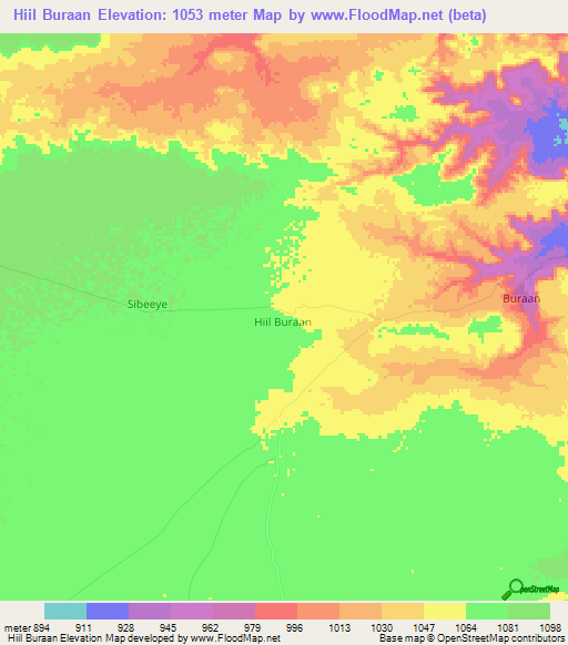 Hiil Buraan,Somalia Elevation Map